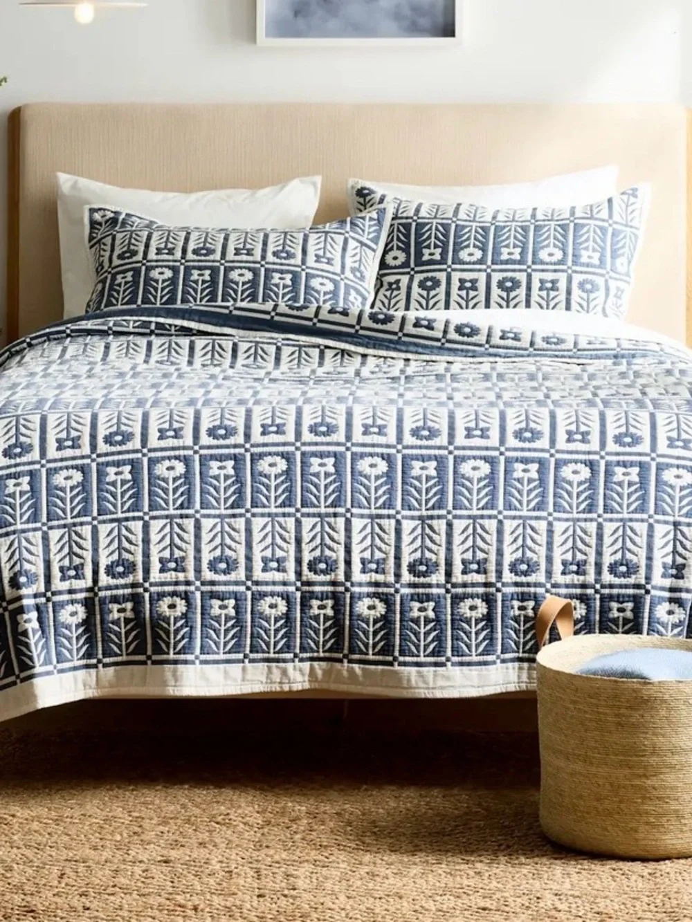 NWT Quince Organic Cotton Jacquard Floral Coverlet Set, King/Cal (Glacier Blue)